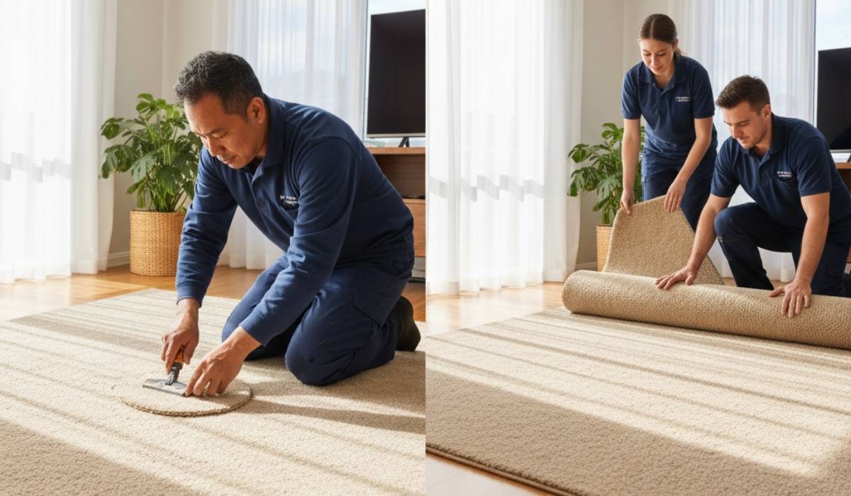 A split-screen comparison: the left side shows a technician patching a small carpet section; the right side shows two workers rolling out a new carpet.