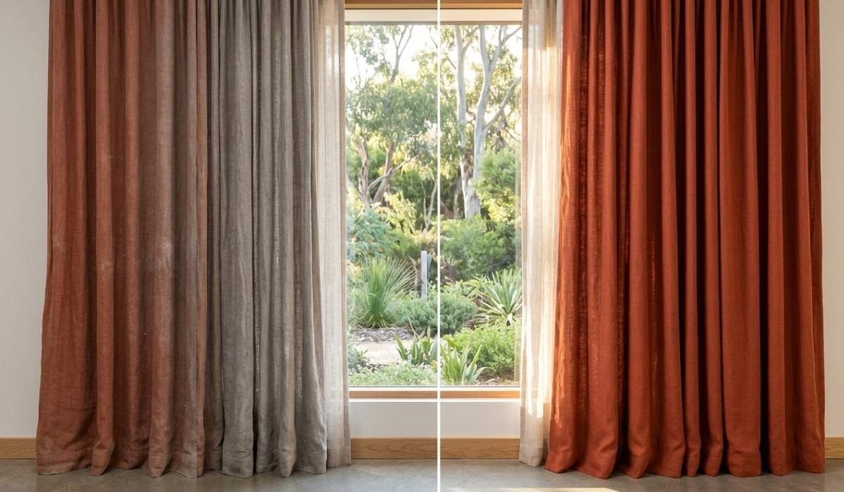 A split-screen comparison of terracotta-colored floor-to-ceiling curtains in a modern Australian home. The left side shows the fabric looking dusty, greyed-out, and dull. The right side shows the same curtains looking vibrant, deeply saturated, and clean.