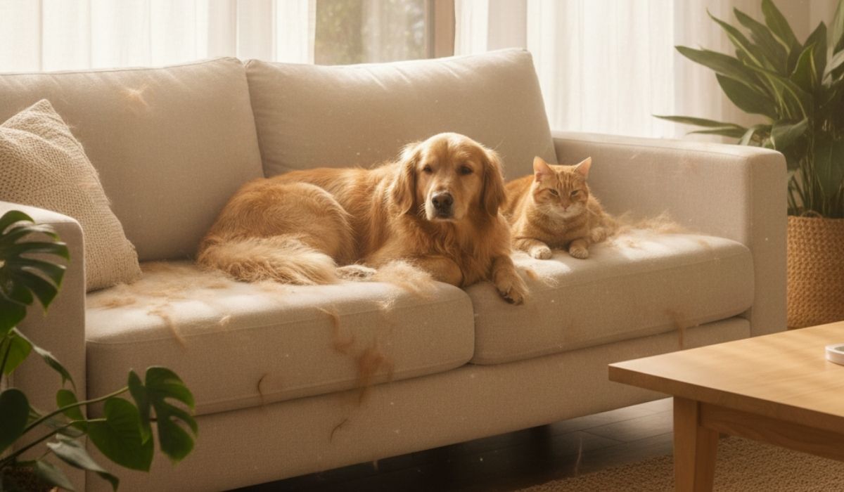 A golden retriever and a ginger cat sit on a light beige fabric sofa in a sunlit living room. Clumps of pet fur are visible across the cushions and armrest, highlighting the need for upholstery cleaning.