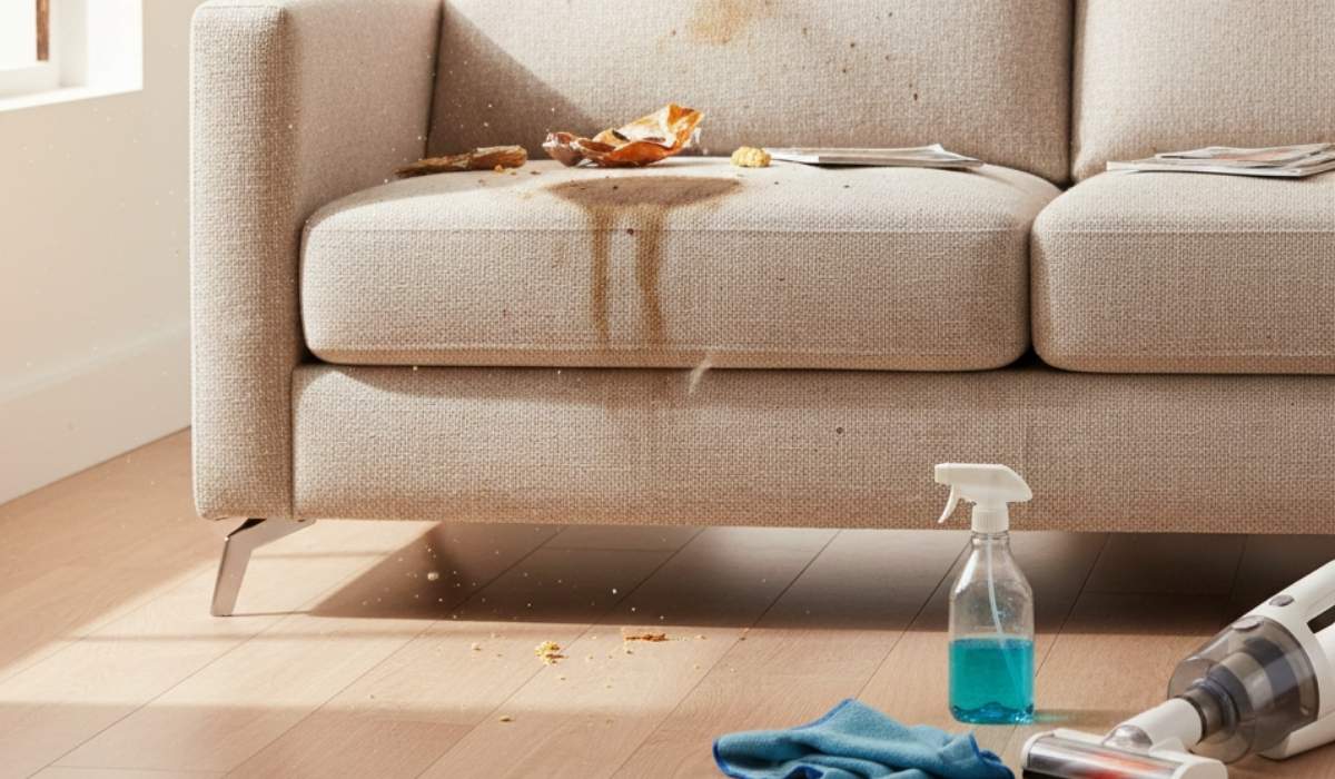Stained beige fabric sofa with coffee marks and crumbs, featuring a spray bottle, cloth, and vacuum cleaner on the floor.